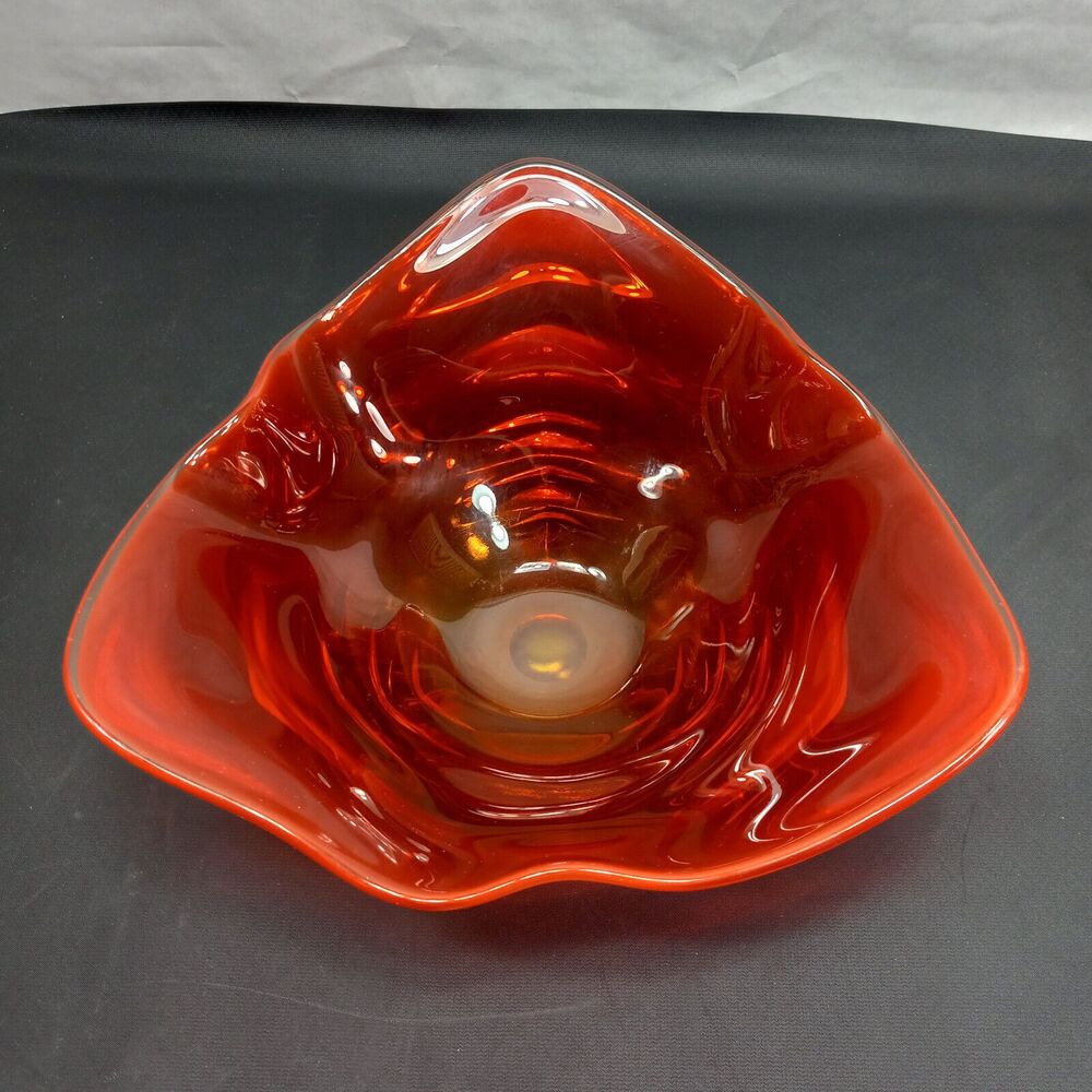 Vintage Amberina Red Orange Cadmium Glass Ruffled Bowl Dish Large XL Glows